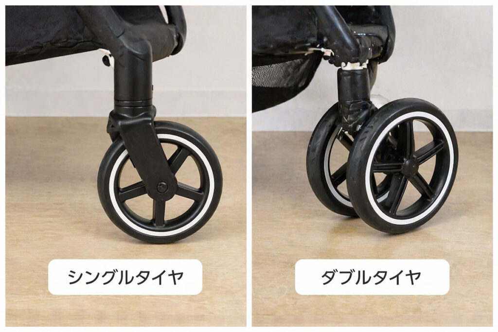 ベビーカーのシングルタイヤとダブルタイヤの違いを比較した画像