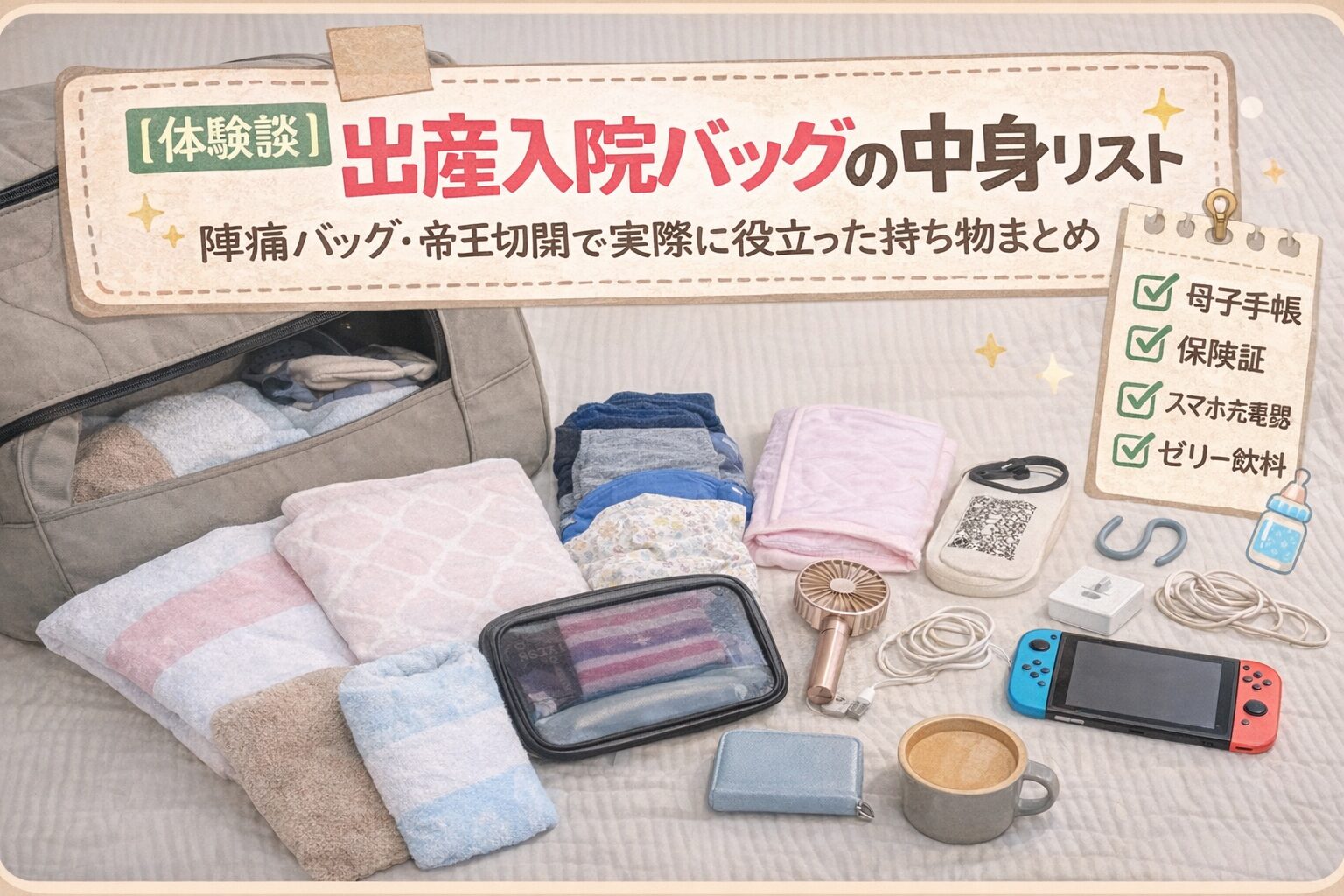 出産入院バッグの中身を実際に並べた写真｜陣痛バッグ・帝王切開で役立った持ち物リスト